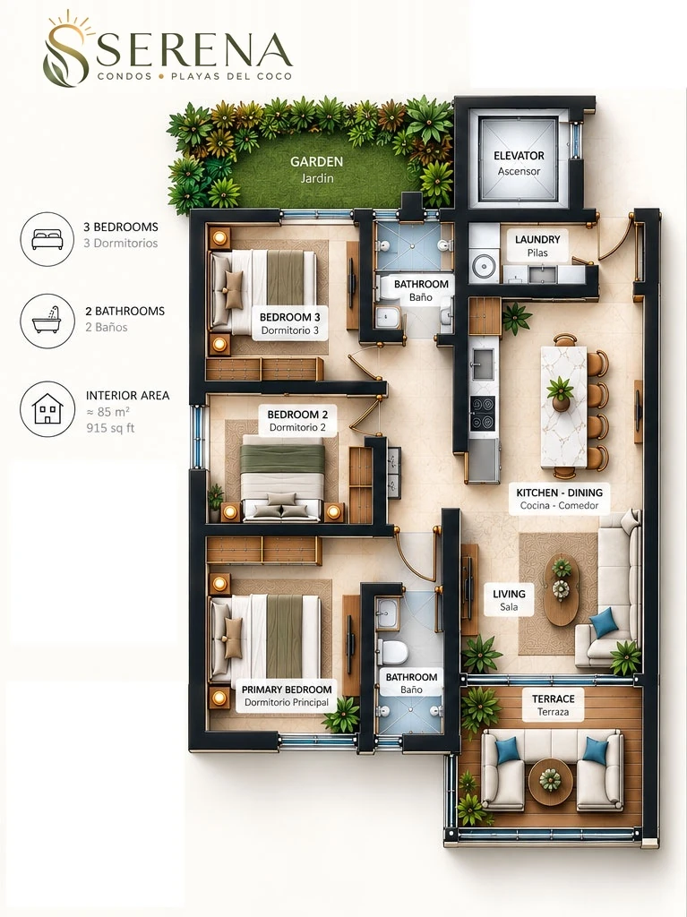 Serena Condos — 1st & 2nd Floor 3-Bedroom, 2-Bathroom Floor Plan (1,291 sq ft / 120 m²)