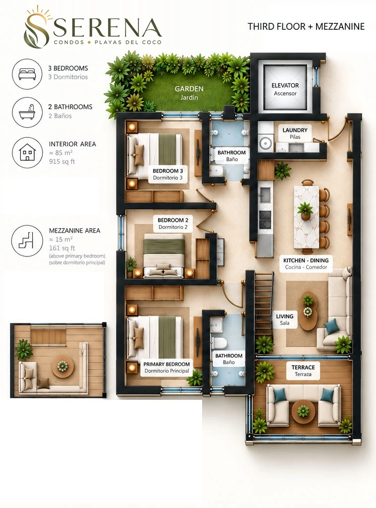Serena Condos — 3rd Floor Mezzanine 3-Bedroom, 2-Bathroom Floor Plan